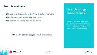 #wpewebinar
According to studies, search brings
in more money by providing a more
relevant experience to your users by
allowing them to quickly ﬁnd the
products and services they need.
• 64% use search to address the “I-want-to-buy-moment”
• 43% of users go directly to the search bar
• 39% are inﬂuenced by a relevant search
72% of sites completely fail search expectations
Search brings
more money
Search matters
 