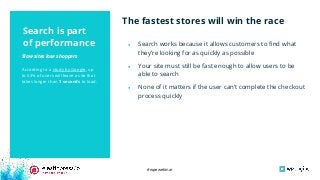 #wpewebinar
According to a study by Google, up
to 53% of users will leave a site that
takes longer than 3 seconds to load.
Slow sites lose shoppers
● Search works because it allows customers to ﬁnd what
they’re looking for as quickly as possible
● Your site must still be fast enough to allow users to be
able to search
● None of it matters if the user can’t complete the checkout
process quickly
Search is part
of performance
The fastest stores will win the race
 
