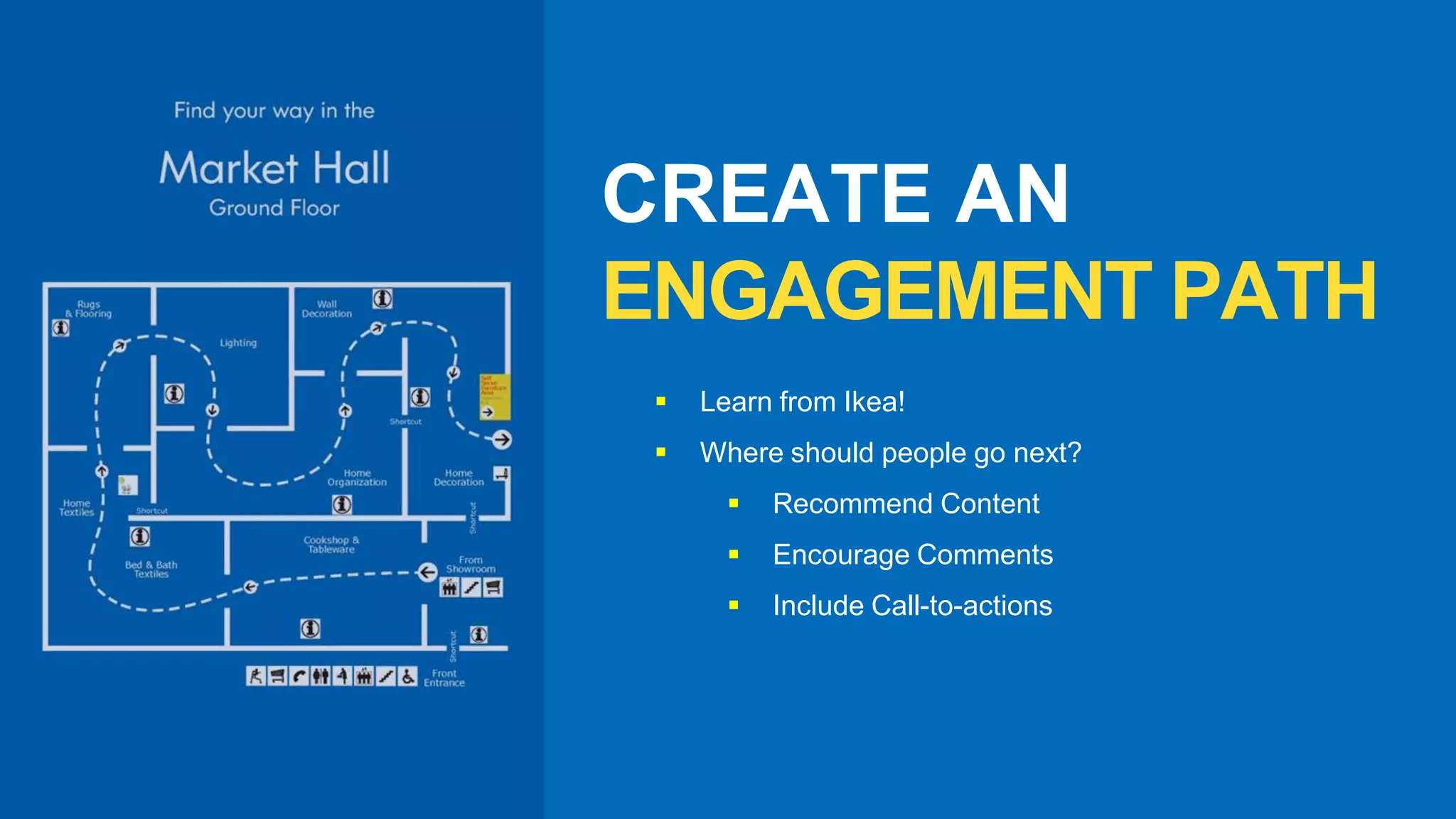  Learn from Ikea!
 Where should people go next?
 Recommend Content
 Encourage Comments
 Include Call-to-actions
CREATE AN
ENGAGEMENT PATH
 
