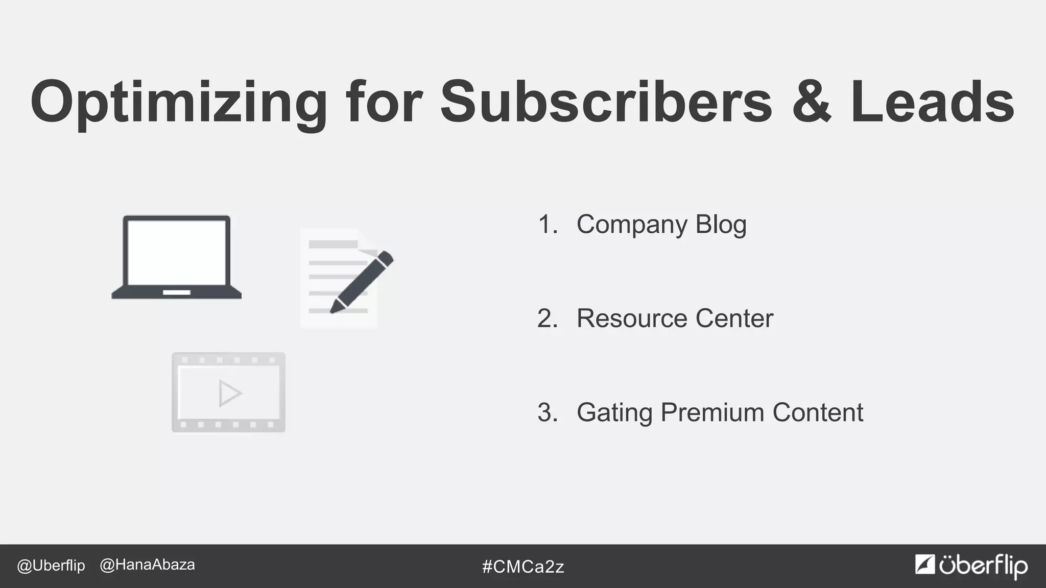 @Uberflip #CMCa2z@HanaAbaza
Optimizing for Subscribers & Leads
1. Company Blog
2. Resource Center
3. Gating Premium Content
 