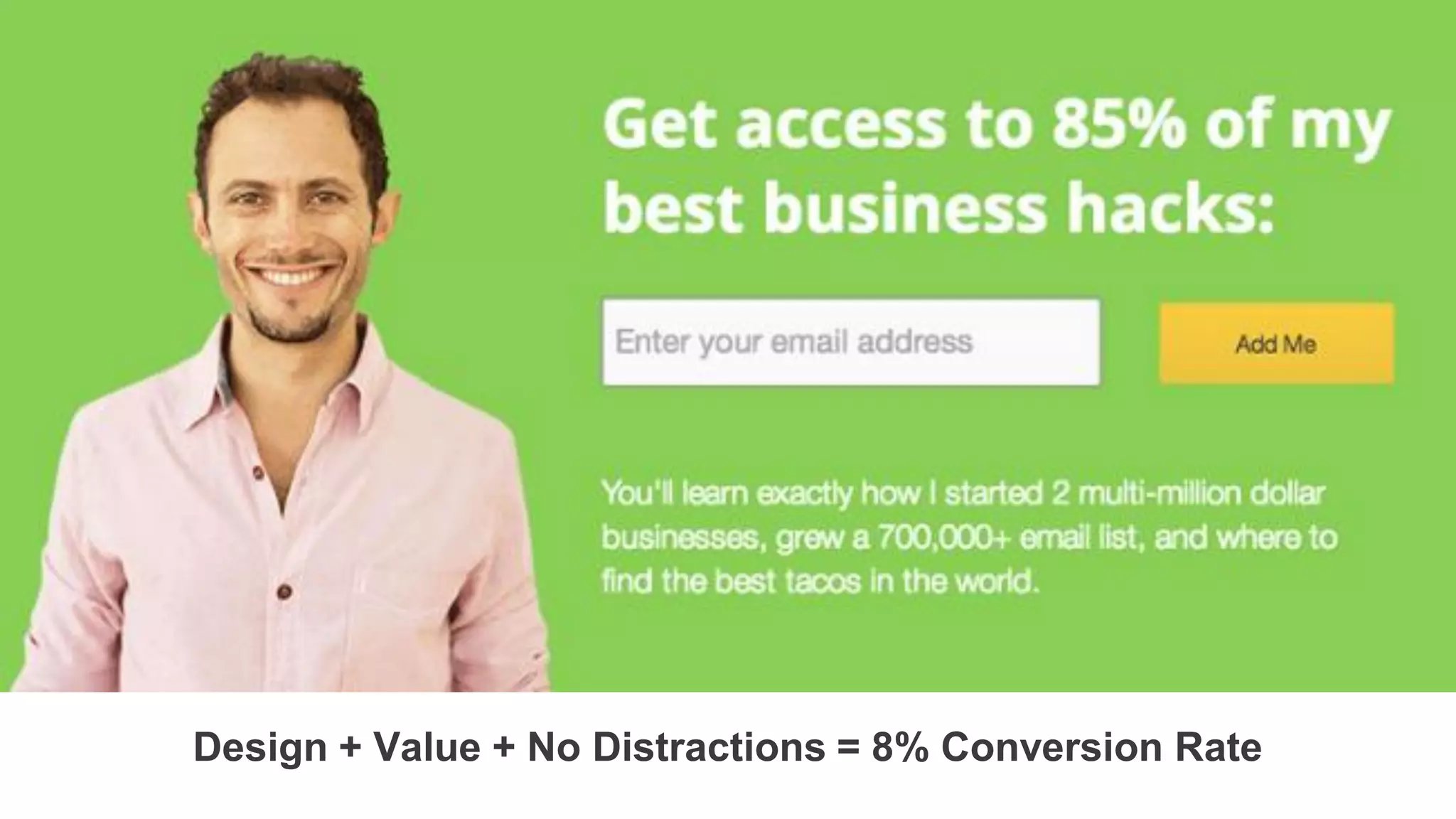 Design + Value + No Distractions = 8% Conversion Rate
 