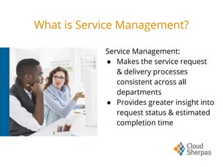 What is Service Management?
Service Management:
● Makes the service request
& delivery processes
consistent across all
departments
● Provides greater insight into
request status & estimated
completion time
 