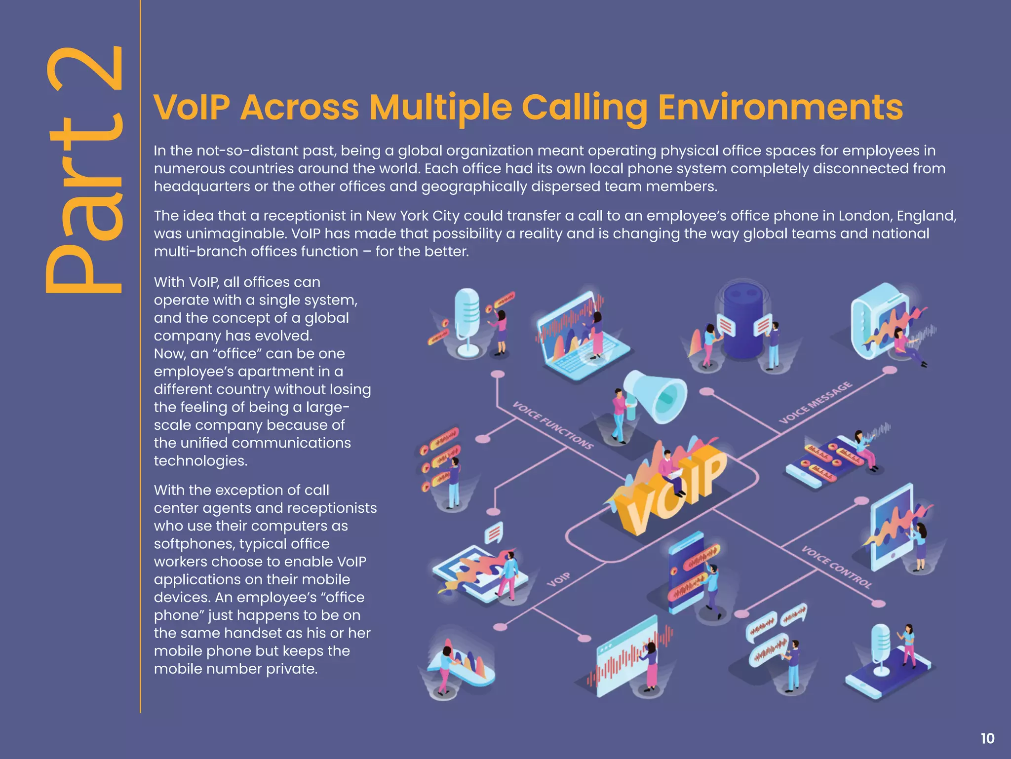 VoIP Across Multiple Calling Environments
In the not-so-distant past, being a global organization meant operating physical office spaces for employees in
numerous countries around the world. Each office had its own local phone system completely disconnected from
headquarters or the other offices and geographically dispersed team members.
The idea that a receptionist in New York City could transfer a call to an employee’s office phone in London, England,
was unimaginable. VoIP has made that possibility a reality and is changing the way global teams and national
multi-branch offices function – for the better.
10
With VoIP, all offices can
operate with a single system,
and the concept of a global
company has evolved.
Now, an “office” can be one
employee’s apartment in a
different country without losing
the feeling of being a large-
scale company because of
the unified communications
technologies.
With the exception of call
center agents and receptionists
who use their computers as
softphones, typical office
workers choose to enable VoIP
applications on their mobile
devices. An employee’s “office
phone” just happens to be on
the same handset as his or her
mobile phone but keeps the
mobile number private.
 