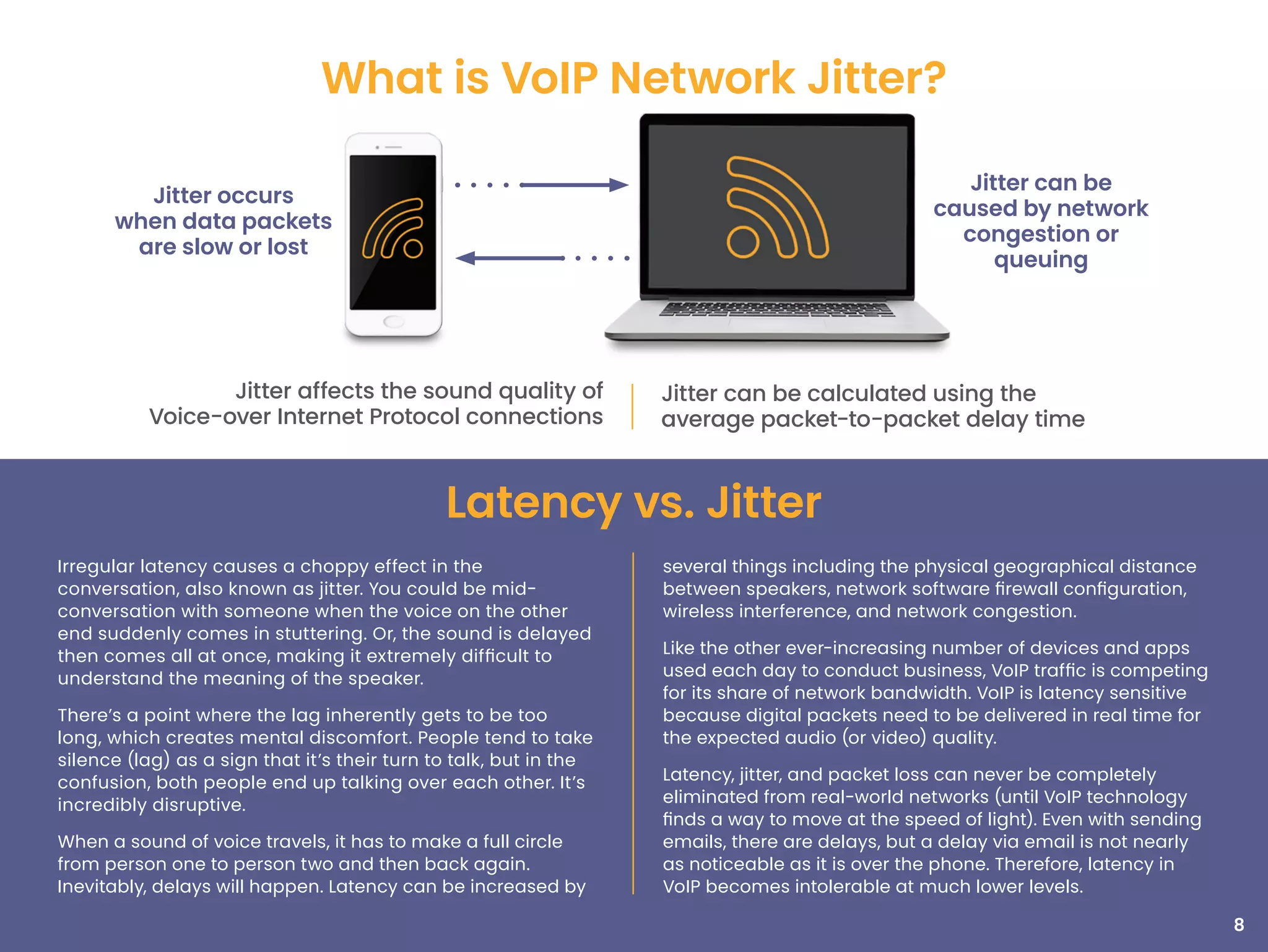 Irregular latency causes a choppy effect in the
conversation, also known as jitter. You could be mid-
conversation with someone when the voice on the other
end suddenly comes in stuttering. Or, the sound is delayed
then comes all at once, making it extremely difficult to
understand the meaning of the speaker.
There’s a point where the lag inherently gets to be too
long, which creates mental discomfort. People tend to take
silence (lag) as a sign that it’s their turn to talk, but in the
confusion, both people end up talking over each other. It’s
incredibly disruptive.
When a sound of voice travels, it has to make a full circle
from person one to person two and then back again.
Inevitably, delays will happen. Latency can be increased by
several things including the physical geographical distance
between speakers, network software firewall configuration,
wireless interference, and network congestion.
Like the other ever-increasing number of devices and apps
used each day to conduct business, VoIP traffic is competing
for its share of network bandwidth. VoIP is latency sensitive
because digital packets need to be delivered in real time for
the expected audio (or video) quality.
Latency, jitter, and packet loss can never be completely
eliminated from real-world networks (until VoIP technology
finds a way to move at the speed of light). Even with sending
emails, there are delays, but a delay via email is not nearly
as noticeable as it is over the phone. Therefore, latency in
VoIP becomes intolerable at much lower levels.
Latency vs. Jitter
8
Jitter can be
caused by network
congestion or
queuing
Jitter can be calculated using the
average packet-to-packet delay time
What is VoIP Network Jitter?
Jitter affects the sound quality of
Voice-over Internet Protocol connections
Jitter occurs
when data packets
are slow or lost
 