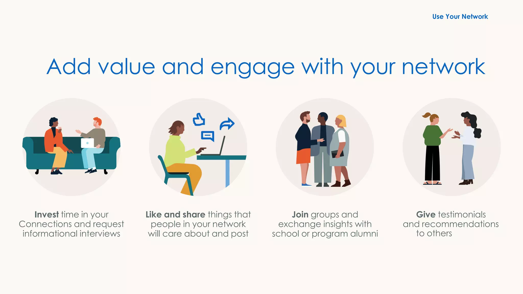 Like and share things that
people in your network
will care about and post
Join groups and
exchange insights with
school or program alumni
Invest time in your
Connections and request
informational interviews
Give testimonials
and recommendations
to others
Add value and engage with your network
Use Your Network
 