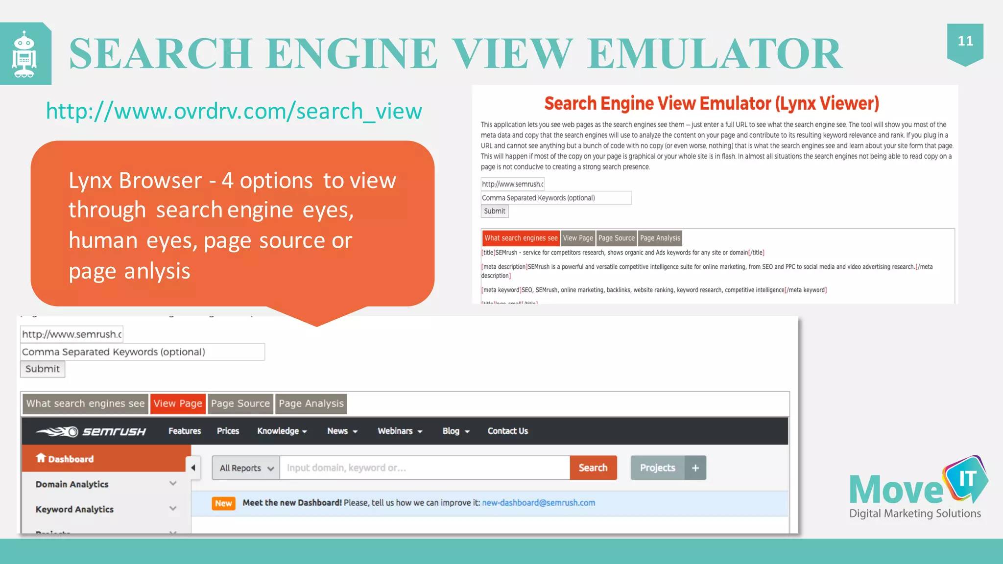 SEARCH ENGINE VIEW EMULATOR
11
http://www.ovrdrv.com/search_view
Lynx	
  Browser	
  -­‐ 4	
  options	
   to	
  view	
  
through	
   search	
  engine	
  eyes,	
  
human	
  eyes,	
  page	
  source	
  or	
  
page	
  anlysis
 
