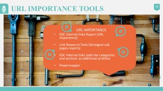 21
URL IMPORTANCE TOOLS
URL	
  IMPORTANCE
• GSC	
  Internal	
  links	
  Report	
  (URL	
  
importance)
• Link	
  Research	...