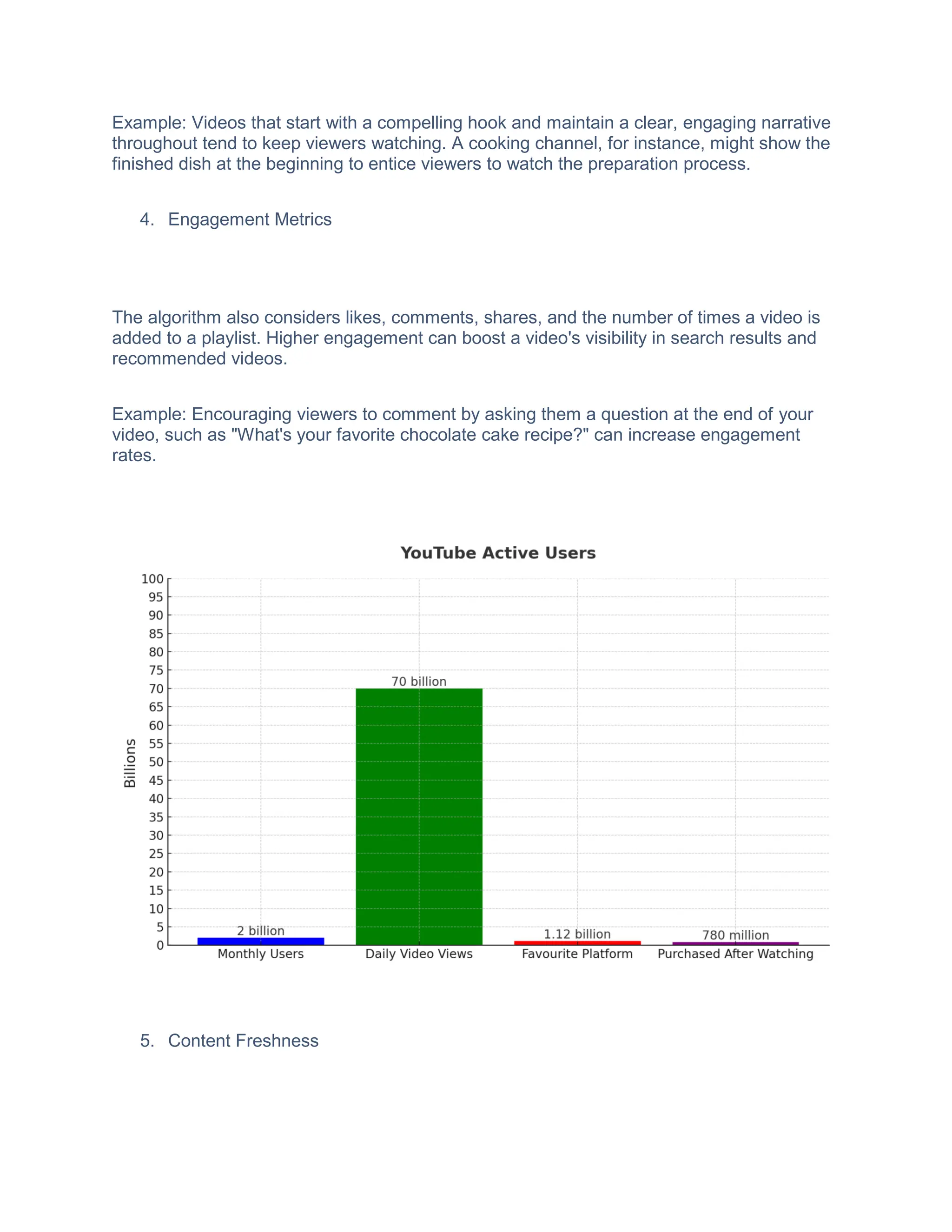 Example: Videos that start with a compelling hook and maintain a clear, engaging narrative
throughout tend to keep viewers watching. A cooking channel, for instance, might show the
finished dish at the beginning to entice viewers to watch the preparation process.
4. Engagement Metrics
The algorithm also considers likes, comments, shares, and the number of times a video is
added to a playlist. Higher engagement can boost a video's visibility in search results and
recommended videos.
Example: Encouraging viewers to comment by asking them a question at the end of your
video, such as "What's your favorite chocolate cake recipe?" can increase engagement
rates.
5. Content Freshness
 