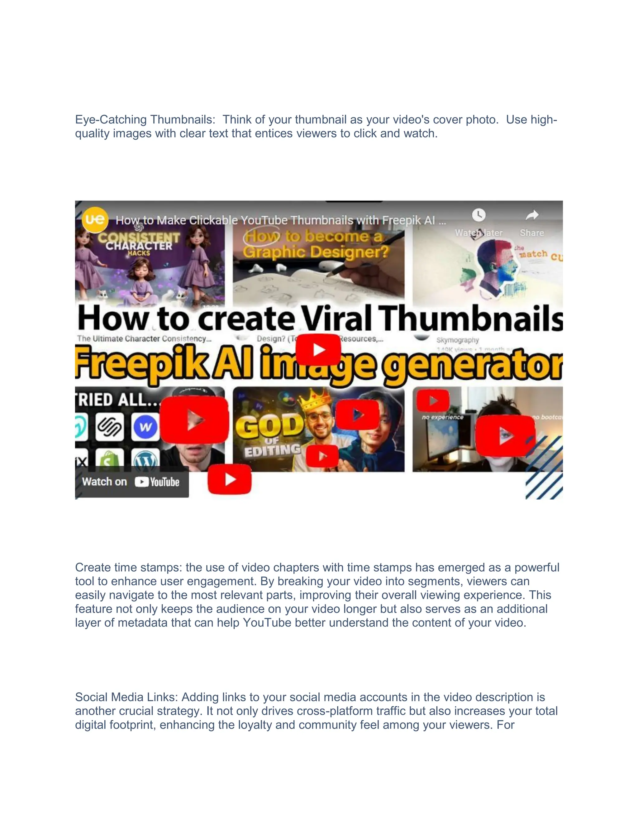Eye-Catching Thumbnails: Think of your thumbnail as your video's cover photo. Use high-
quality images with clear text that entices viewers to click and watch.
Create time stamps: the use of video chapters with time stamps has emerged as a powerful
tool to enhance user engagement. By breaking your video into segments, viewers can
easily navigate to the most relevant parts, improving their overall viewing experience. This
feature not only keeps the audience on your video longer but also serves as an additional
layer of metadata that can help YouTube better understand the content of your video.
Social Media Links: Adding links to your social media accounts in the video description is
another crucial strategy. It not only drives cross-platform traffic but also increases your total
digital footprint, enhancing the loyalty and community feel among your viewers. For
 
