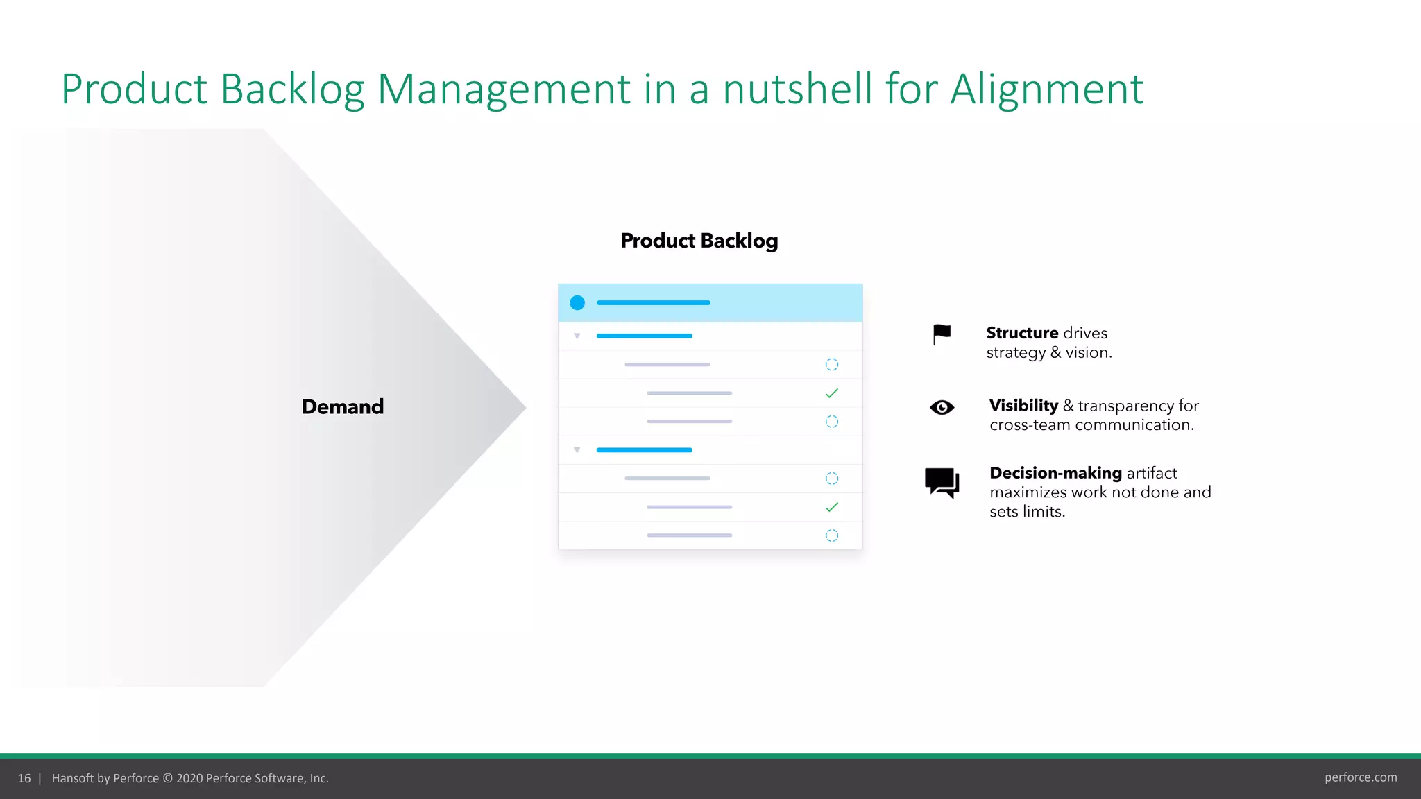 16 | Hansoft by Perforce © 2020 Perforce Software, Inc. perforce.com
Product Backlog Management in a nutshell for Alignment
Demand
Product Backlog
Structure drives
strategy & vision.
Visibility & transparency for
cross-team communication.
Decision-making artifact
maximizes work not done and
sets limits.
 
