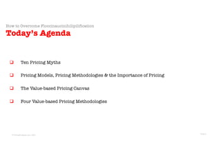 © Sans Prix Pty Ltd, 2015
© PricingProphets.com, 2021
Slide 2
How to Overcome Floccinaucinihilipilification
Today’s Agenda
q Ten Pricing Myths
q Pricing Models, Pricing Methodologies & the Importance of Pricing
q The Value-based Pricing Canvas
q Four Value-based Pricing Methodologies
 
