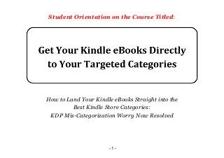 Student Orientation on the Course Titled:
How to Land Your Kindle eBooks Straight into the
Best Kindle Store Categories:
KDP Mis-Categorization Worry Now Resolved
- 1 -
 