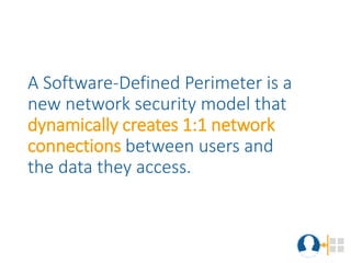 A Software-Defined Perimeter is a
new network security model that
dynamically creates 1:1 network
connections between users and
the data they access.
Read: Why a Software-Defined Perimeter
 