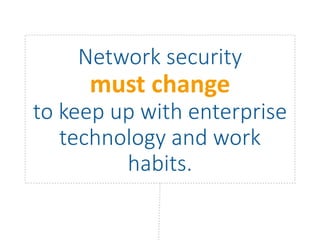 Network security
must change
to keep up with enterprise
technology and work
habits.
 