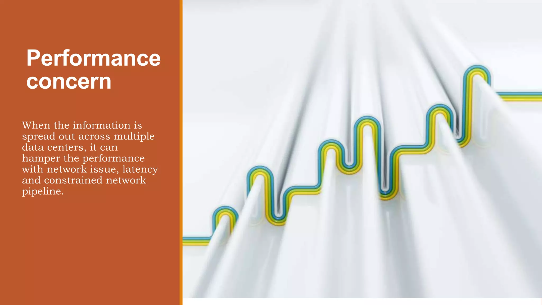 Performance
concern
When the information is
spread out across multiple
data centers, it can
hamper the performance
with network issue, latency
and constrained network
pipeline.
 