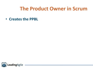 The Product Owner in Scrum<br />Creates the PPBL<br />