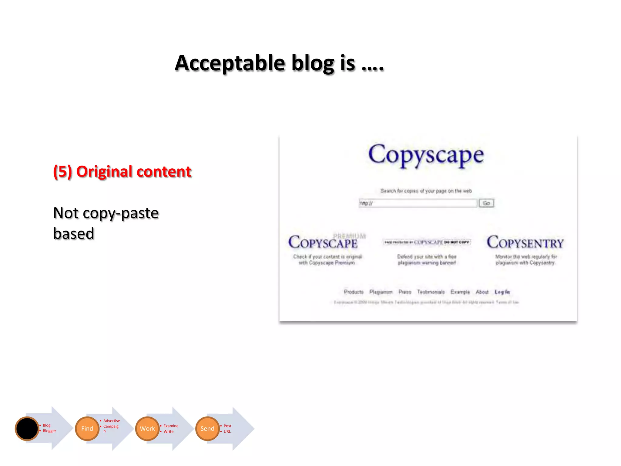 Acceptable blog is ….



       (5) Original content

       Not copy-paste
       based




                   • Advertise
• Blog             • Campaig            • Examine          • Post
• Blogger   Find     n           Work   • Write     Send   • URL
 