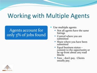 Working with Multiple Agents Use multiple agents Not all agents have the same listings Control where you are submitted Share where you have been submitted Equal business status – commit to the opportunity or be up front about any road blocks Fees – don’t pay.  Clients usually pay. 