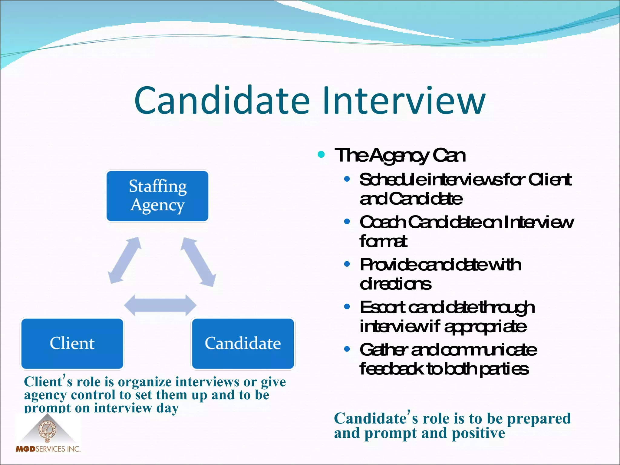 Candidate Interview Client’s role is organize interviews or give agency control to set them up and to be prompt on interview day Candidate’s role is to be prepared and prompt and positive The Agency Can Schedule interviews for Client and Candidate Coach Candidate on Interview format Provide candidate with directions Escort candidate through interview if appropriate  Gather and communicate feedback to both parties 
