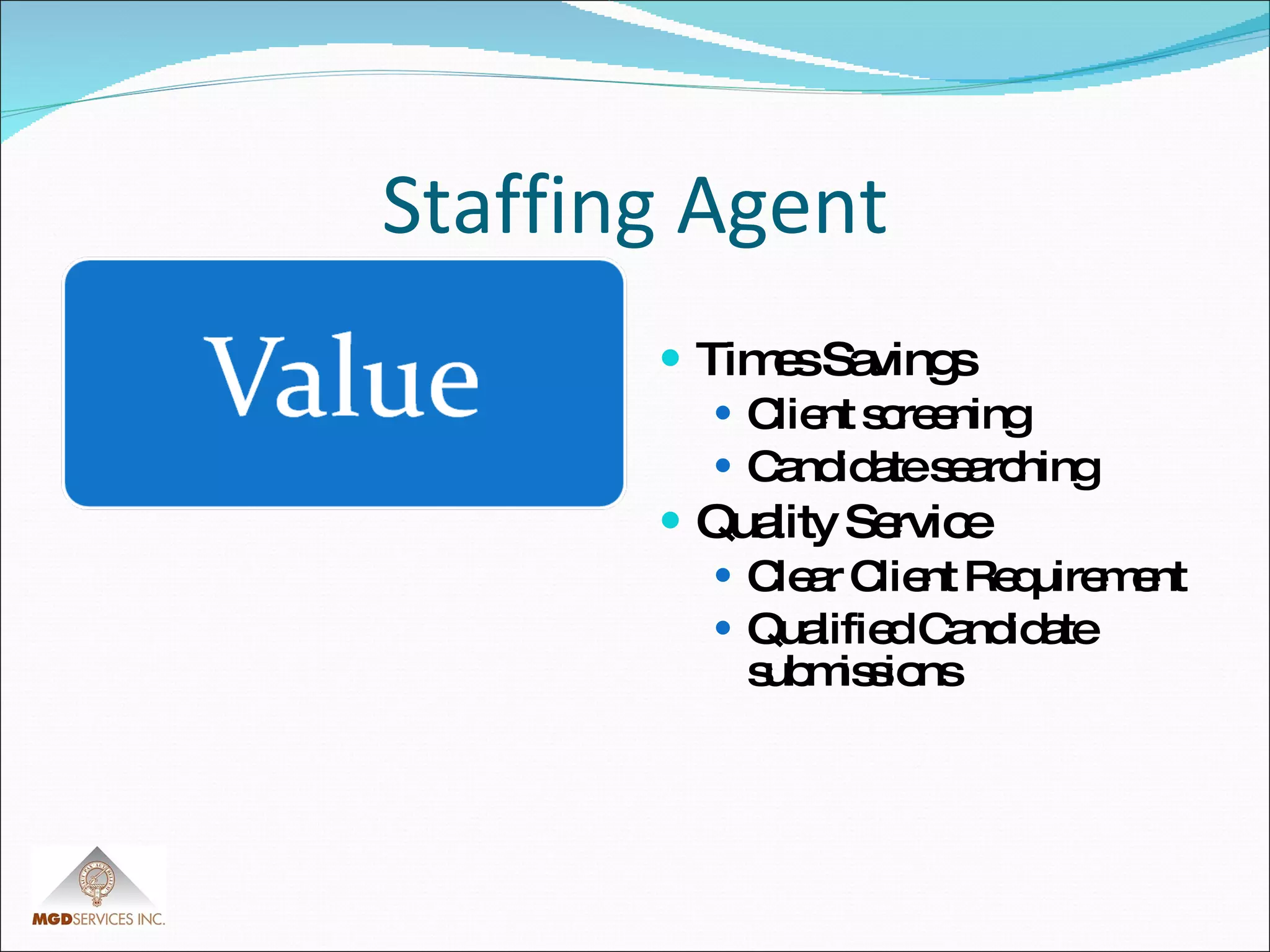 Staffing Agent Times Savings Client screening Candidate searching Quality Service Clear Client Requirement  Qualified Candidate submissions 