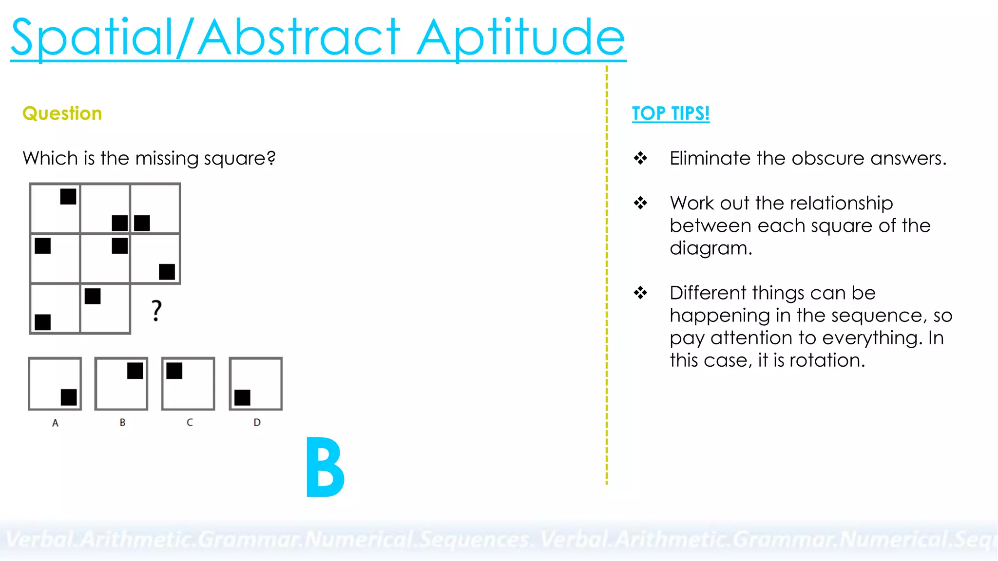 Spatial/Abstract Aptitude
Question
Which is the missing square?
TOP TIPS!
 Eliminate the obscure answers.
 Work out the relationship
between each square of the
diagram.
 Different things can be
happening in the sequence, so
pay attention to everything. In
this case, it is rotation.
B
 