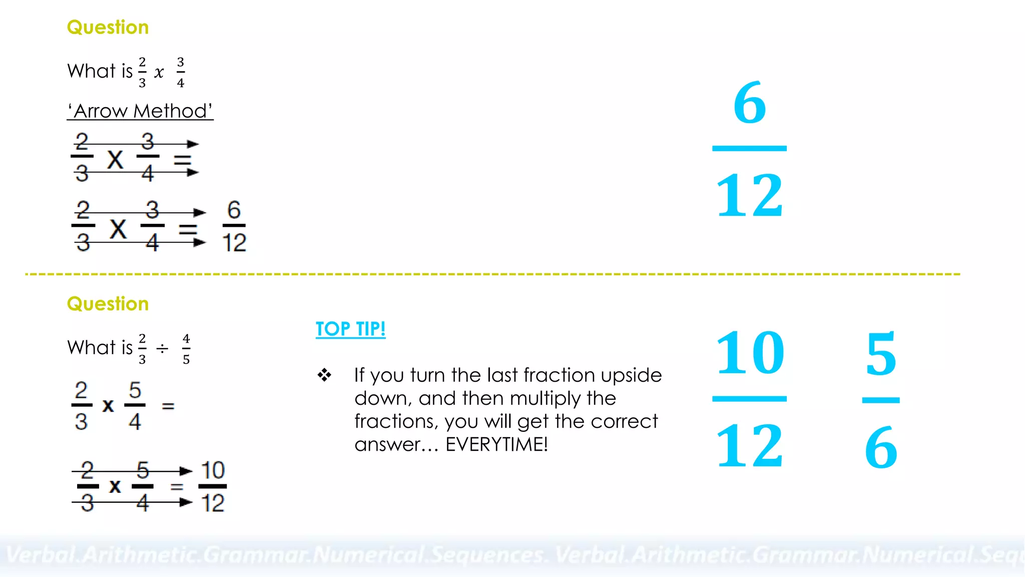 Question
What is
2
3
𝑥
3
4
‘Arrow Method’ 𝟔
𝟏𝟐
Question
What is
2
3
÷
4
5
𝟏𝟎
𝟏𝟐
𝟓
𝟔
TOP TIP!
 If you turn the last fraction upside
down, and then multiply the
fractions, you will get the correct
answer… EVERYTIME!
 