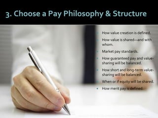 2727
3. Choose a Pay Philosophy & Structure
 How value creation is defined.
 How value is shared—and with
whom.
 Market pay standards.
 How guaranteed pay and value-
sharing will be balanced.
 How short and long-term value-
sharing will be balanced.
 When or if equity will be shared.
 How merit pay is defined.
 
