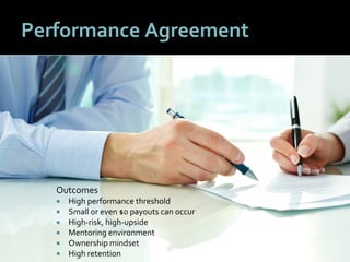 4747
Performance Agreement
Outcomes
 High performance threshold
 Small or even $0 payouts can occur
 High-risk, high-upside
 Mentoring environment
 Ownership mindset
 High retention
 