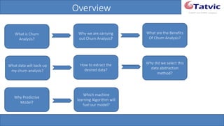 #tatvicwebinar
A GACP and GTMCP company
Overview
What is Churn
Analysis?
Why we are carrying
out Churn Analysis?
What are the Benefits
Of Churn Analysis?
What data will back-
up my churn analysis?
How to extract the
desired data?
Why did we select this
data abstraction
method?
Why Predictive
Model?
Which machine
learning Algorithm
will fuel our model?
 