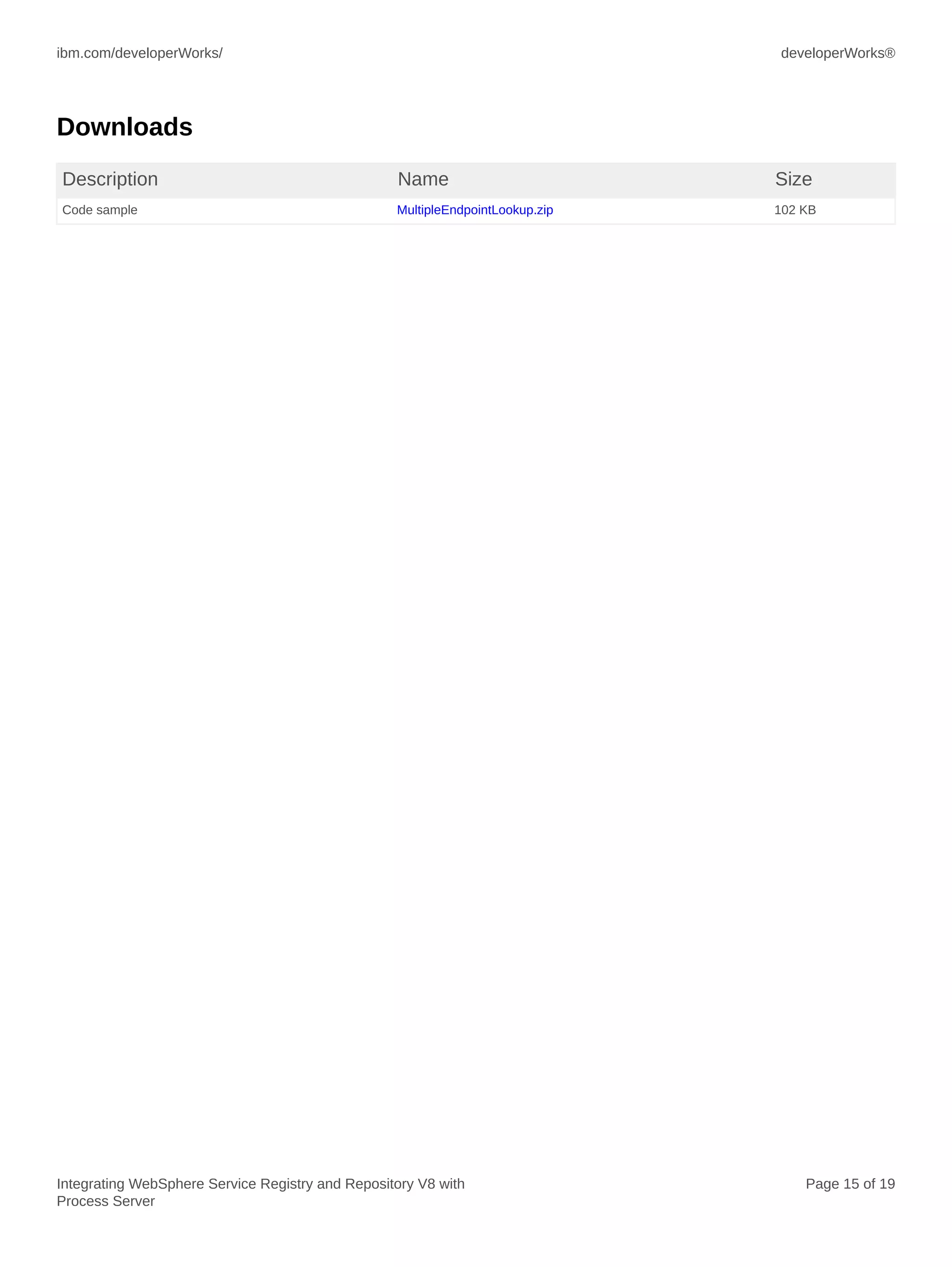 ibm.com/developerWorks/ developerWorks®
Integrating WebSphere Service Registry and Repository V8 with
Process Server
Page 15 of 19
Downloads
Description Name Size
Code sample MultipleEndpointLookup.zip 102 KB
 