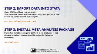 STEP 2: IMPORT DATA INTO STATA
Open STATA and load your dataset:
This should be saved with the name “meta_analysis_data.dta”
before we continue with our analysis.
use "meta_analysis_data.dta", clear
STEP 3: INSTALL META-ANALYSIS PACKAGE
STATA has a meta package to perform meta-analyses. If not
already installed, you can install it using the following
command:
ssc install meta
STATISTICS HELP DESK
STATA HOMEWORK HELP EXPERTS
 