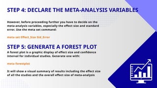 STEP 4: DECLARE THE META-ANALYSIS VARIABLES
However, before proceeding further you have to decide on the
meta-analysis variables, especially the effect size and standard
error. Use the meta set command:
meta set Effect_Size Std_Error
STEP 5: GENERATE A FOREST PLOT
A forest plot is a graphic display of effect size and confidence
interval for individual studies. Generate one with:
meta forestplot
It will show a visual summary of results including the effect size
of all the studies and the overall effect size of meta-analysis
 