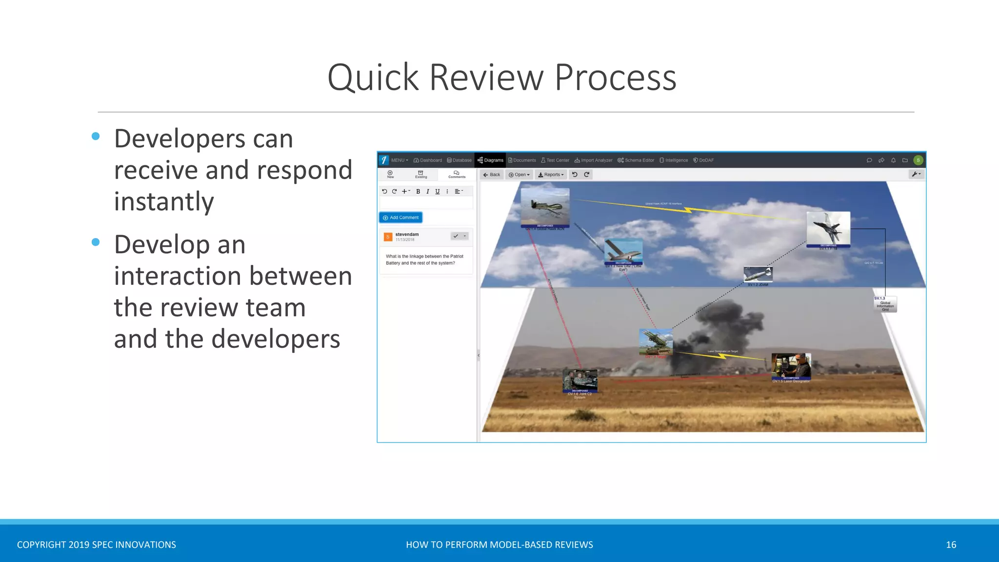 COPYRIGHT 2019 SPEC INNOVATIONS
Quick Review Process
• Developers can
receive and respond
instantly
• Develop an
interaction between
the review team
and the developers
HOW TO PERFORM MODEL-BASED REVIEWS 16
 