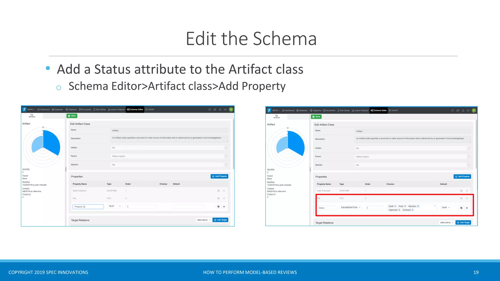 COPYRIGHT 2019 SPEC INNOVATIONS
Edit the Schema
• Add a Status attribute to the Artifact class
o Schema Editor>Artifact class>Add Property
HOW TO PERFORM MODEL-BASED REVIEWS 19
 
