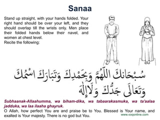Sanaa
Stand up straight, with your hands folded. Your
right hand should be over your left, and they
should overlap till the wrists only. Men place
their folded hands below their navel, and
women at chest level.
Recite the following:




Subhaanak-Allaahumma, wa biham-dika, wa tabaarakasmuka, wa ta'aalaa
jadduka, wa laa ilaaha ghayruk.
O Allah, how perfect You are and praise be to You. Blessed is Your name, and
exalted is Your majesty. There is no god but You.           www.voqonline.com
 