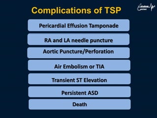 Complications of TSP
Pericardial Effusion Tamponade
RA and LA needle puncture
Aortic Puncture/Perforation
Death
Air Embolism or TIA
Transient ST Elevation
Persistent ASD
 