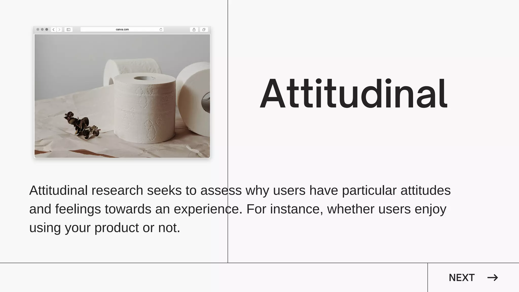 NEXT
Attitudinal
Attitudinal research seeks to assess why users have particular attitudes
and feelings towards an experience. For instance, whether users enjoy
using your product or not.
 