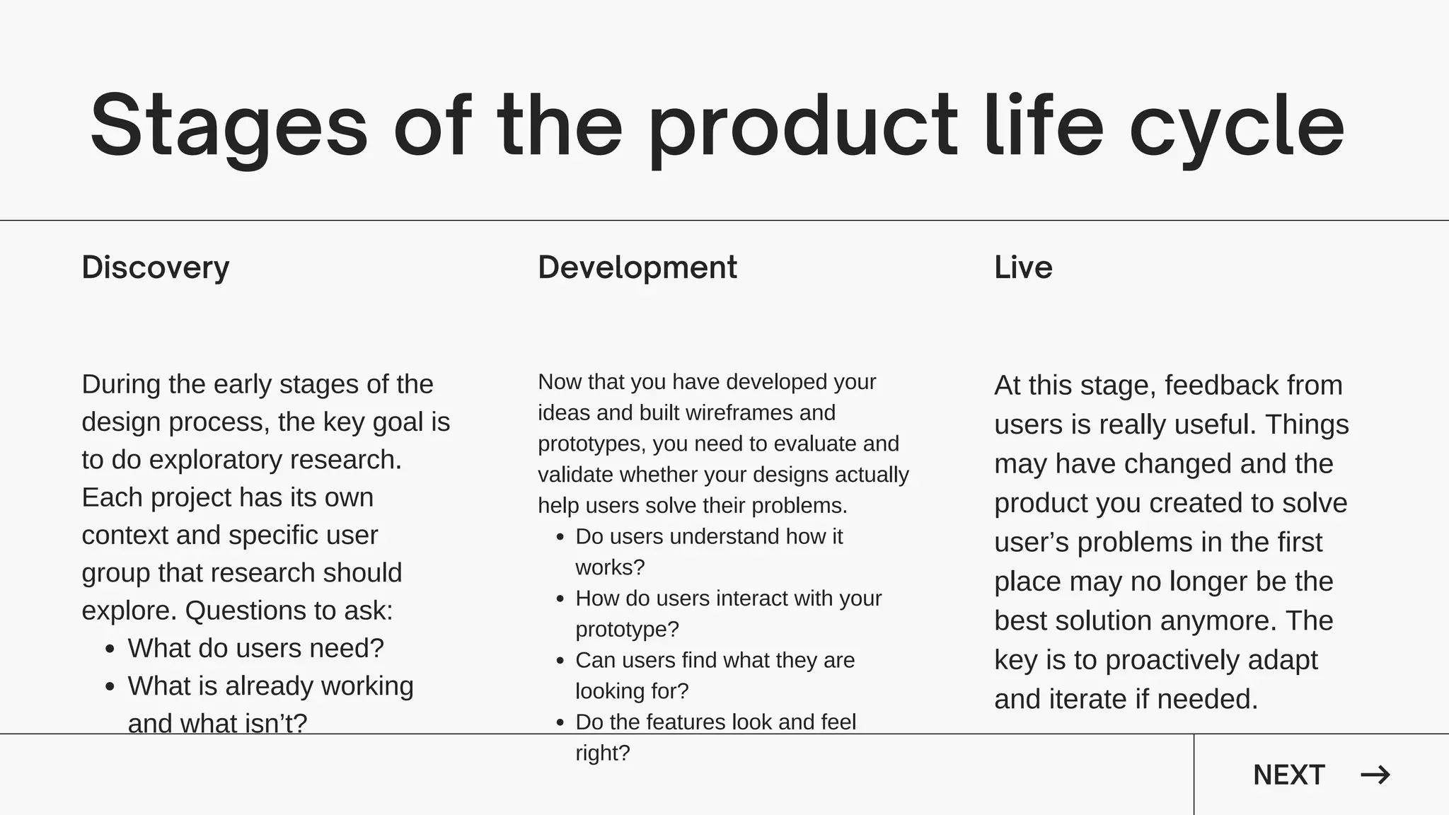 Stages of the product life cycle
Discovery
What do users need?
What is already working
and what isn’t?
During the early stages of the
design process, the key goal is
to do exploratory research.
Each project has its own
context and specific user
group that research should
explore. Questions to ask:
Development
Do users understand how it
works?
How do users interact with your
prototype?
Can users find what they are
looking for?
Do the features look and feel
right?
Now that you have developed your
ideas and built wireframes and
prototypes, you need to evaluate and
validate whether your designs actually
help users solve their problems.
Live
At this stage, feedback from
users is really useful. Things
may have changed and the
product you created to solve
user’s problems in the first
place may no longer be the
best solution anymore. The
key is to proactively adapt
and iterate if needed.
NEXT
 