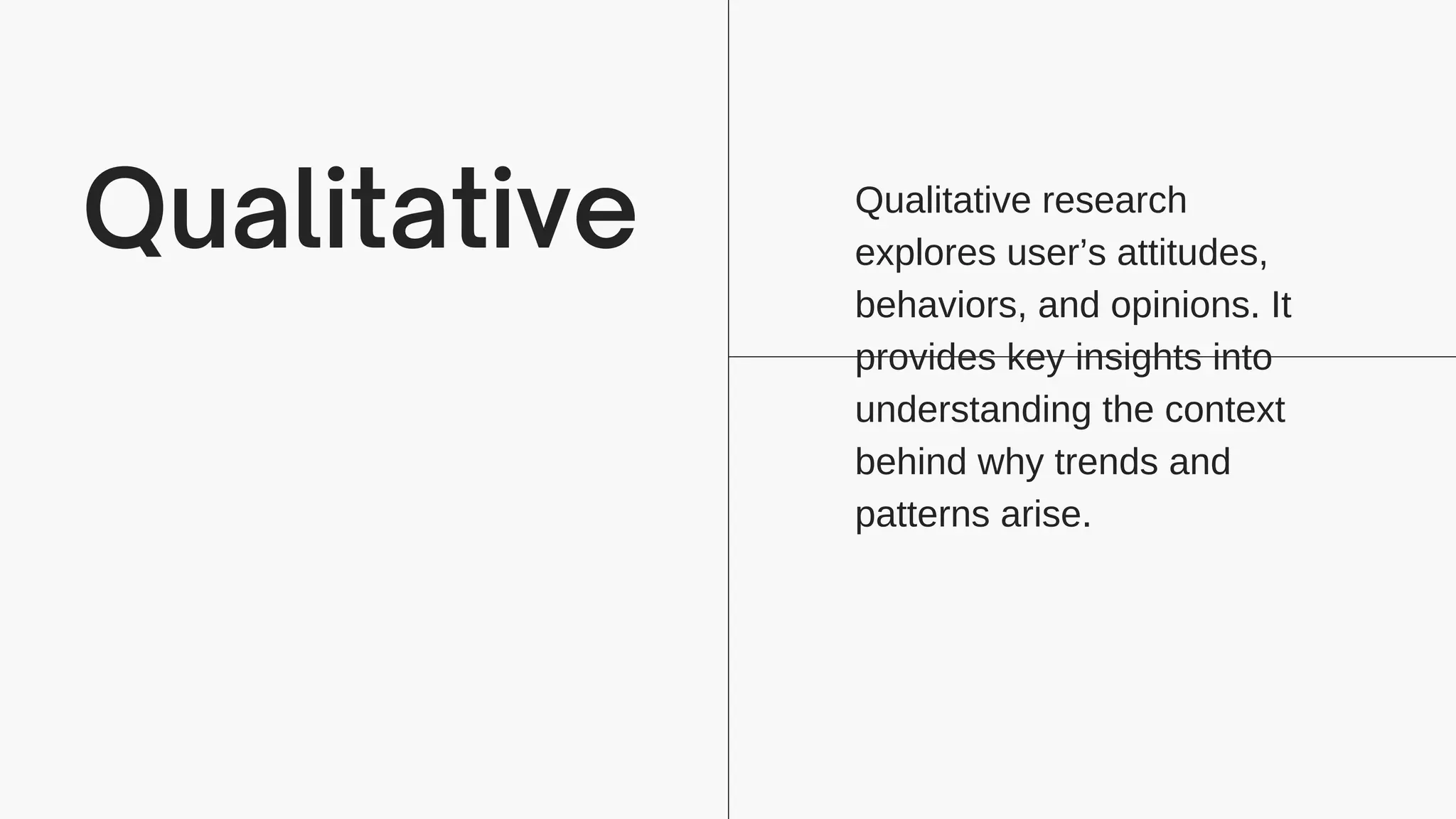 Qualitative Qualitative research
explores user’s attitudes,
behaviors, and opinions. It
provides key insights into
understanding the context
behind why trends and
patterns arise.
 