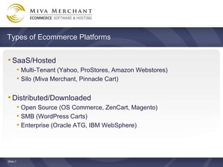 Types of Ecommerce Platforms


? SaaS/Hosted
          ? Multi-Tenant (Yahoo, ProStores, Amazon Webstores)
          ? Silo (Miva Merchant, Pinnacle Cart)

? Distributed/Downloaded
          ? Open Source (OS Commerce, ZenCart, Magento)
          ? SMB (WordPress Carts)
          ? Enterprise (Oracle ATG, IBM WebSphere)



ݺߣ 7
 
