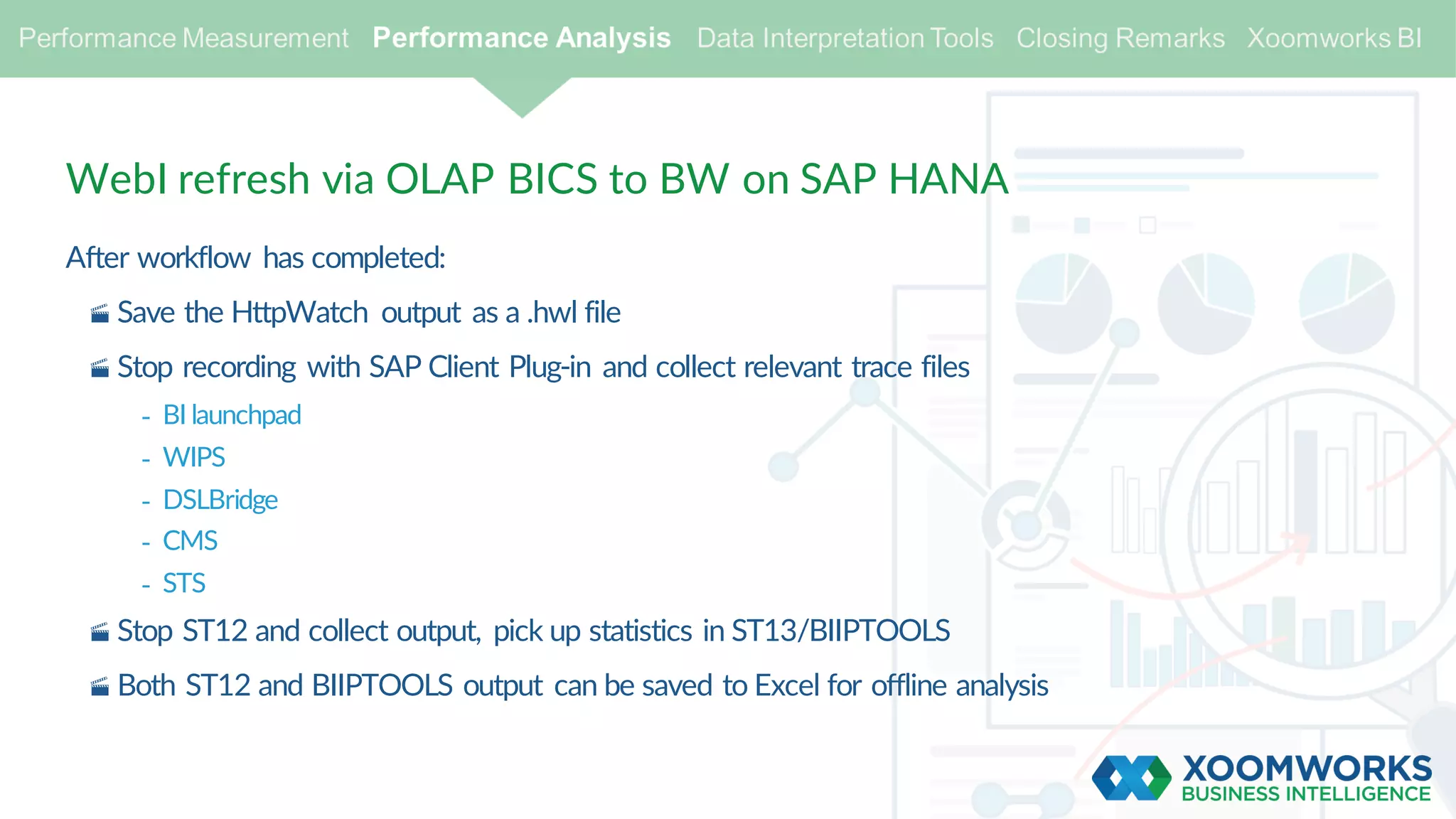 WebI refresh via OLAP BICS to BW on SAP HANA
After workflow has completed:
· Save the HttpWatch output as a .hwl file
· Stop recording with SAP Client Plug-in and collect relevant trace files
- BI launchpad
- WIPS
- DSLBridge
- CMS
- STS
· Stop ST12 and collect output, pick up statistics in ST13/BIIPTOOLS
· Both ST12 and BIIPTOOLS output can be saved to Excel for offline analysis
 