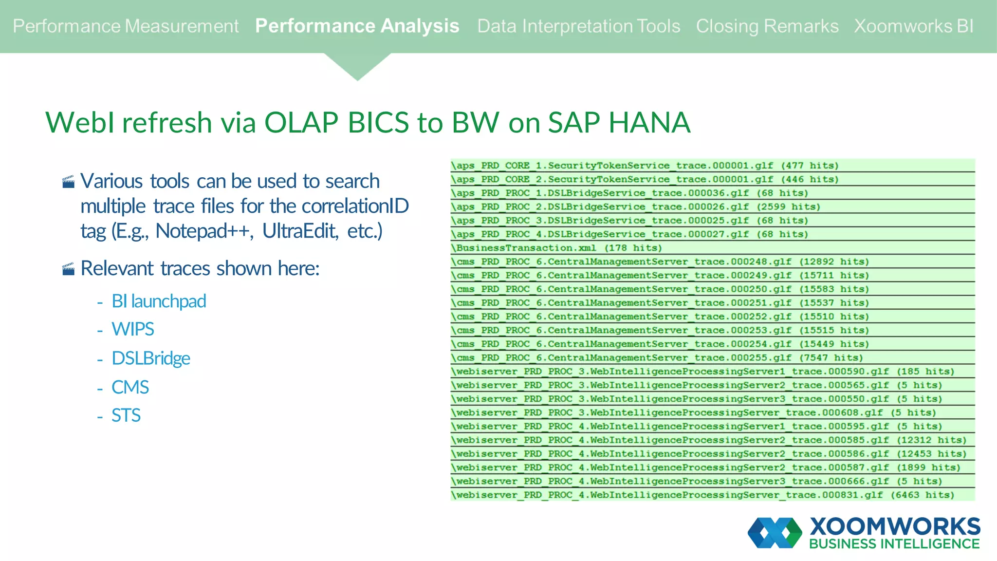 · Various tools can be used to search
multiple trace files for the correlationID
tag (E.g., Notepad++, UltraEdit, etc.)
· Relevant traces shown here:
- BI launchpad
- WIPS
- DSLBridge
- CMS
- STS
WebI refresh via OLAP BICS to BW on SAP HANA
 