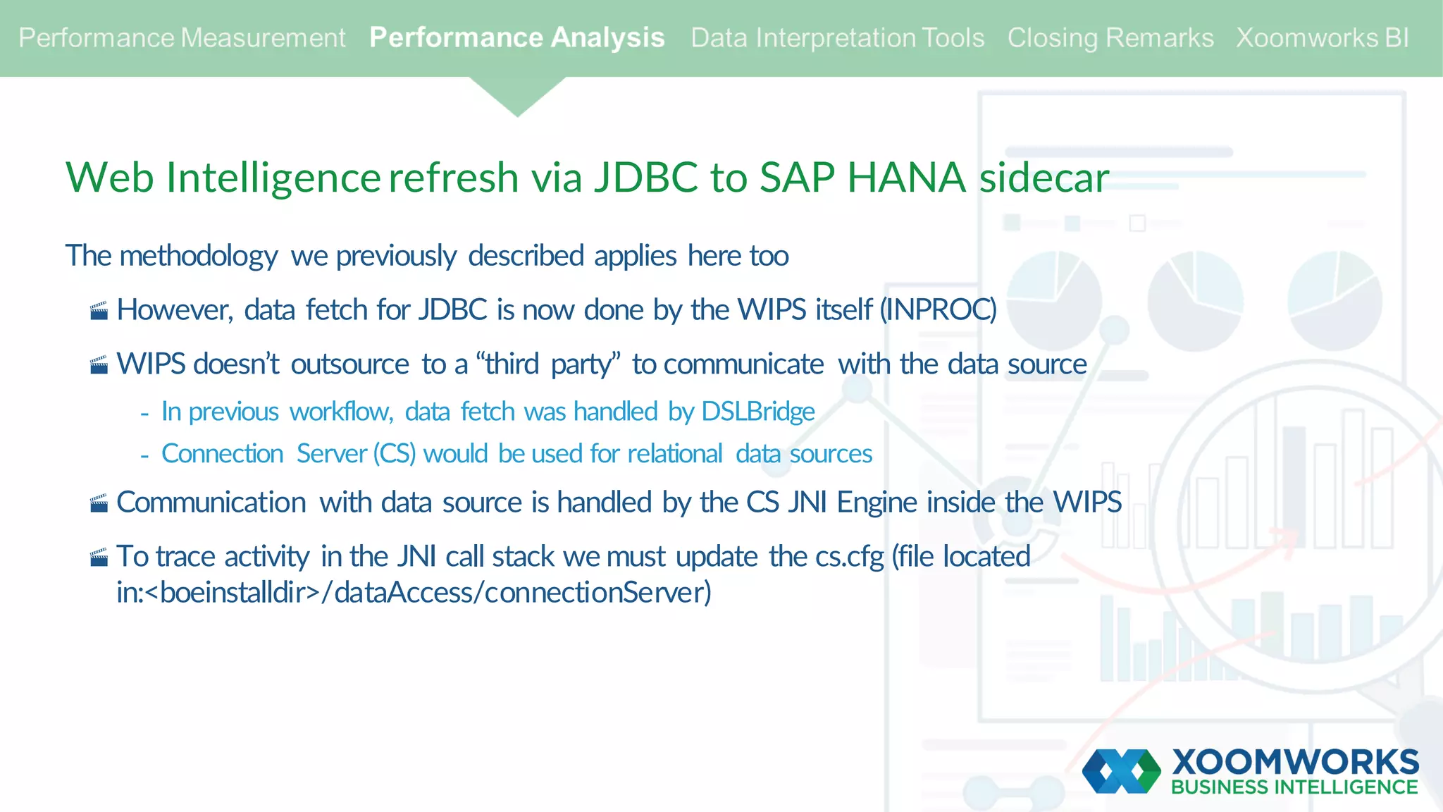Web Intelligence refresh via JDBC to SAP HANA sidecar
The methodology we previously described applies here too
· However, data fetch for JDBC is now done by the WIPS itself (INPROC)
· WIPS doesn’t outsource to a “third party” to communicate with the data source
- In previous workflow, data fetch was handled by DSLBridge
- Connection Server (CS) would be used for relational data sources
· Communication with data source is handled by the CS JNI Engine inside the WIPS
· To trace activity in the JNI call stack we must update the cs.cfg (file located
in:<boeinstalldir>/dataAccess/connectionServer)
 
