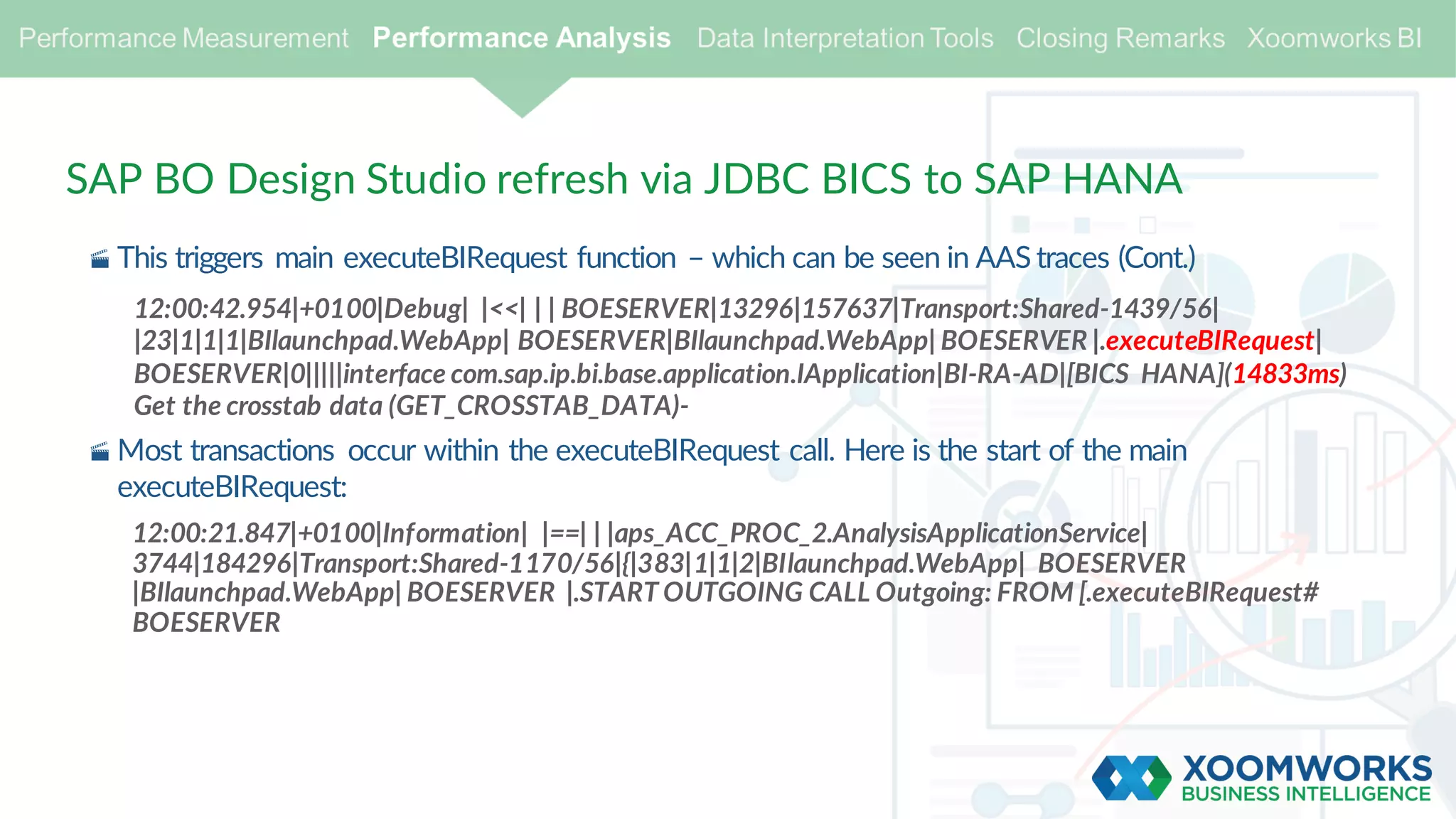 SAP BO Design Studio refresh via JDBC BICS to SAP HANA
· This triggers main executeBIRequest function – which can be seen in AAS traces (Cont.)
12:00:42.954|+0100|Debug| |<<| | | BOESERVER|13296|157637|Transport:Shared-1439/56|
|23|1|1|1|BIlaunchpad.WebApp| BOESERVER|BIlaunchpad.WebApp| BOESERVER |.executeBIRequest|
BOESERVER|0|||||interface com.sap.ip.bi.base.application.IApplication|BI-RA-AD|[BICS HANA](14833ms)
Get the crosstab data (GET_CROSSTAB_DATA)-
· Most transactions occur within the executeBIRequest call. Here is the start of the main
executeBIRequest:
12:00:21.847|+0100|Information| |==| | |aps_ACC_PROC_2.AnalysisApplicationService|
3744|184296|Transport:Shared-1170/56|{|383|1|1|2|BIlaunchpad.WebApp| BOESERVER
|BIlaunchpad.WebApp| BOESERVER |.START OUTGOING CALL Outgoing: FROM [.executeBIRequest#
BOESERVER
 
