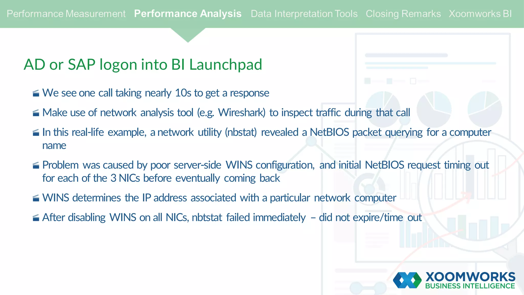 AD or SAP logon into BI Launchpad
· We see one call taking nearly 10s to get a response
· Make use of network analysis tool (e.g. Wireshark) to inspect traffic during that call
· In this real-life example, a network utility (nbstat) revealed a NetBIOS packet querying for a computer
name
· Problem was caused by poor server-side WINS configuration, and initial NetBIOS request timing out
for each of the 3 NICs before eventually coming back
· WINS determines the IP address associated with a particular network computer
· After disabling WINS on all NICs, nbtstat failed immediately – did not expire/time out
 