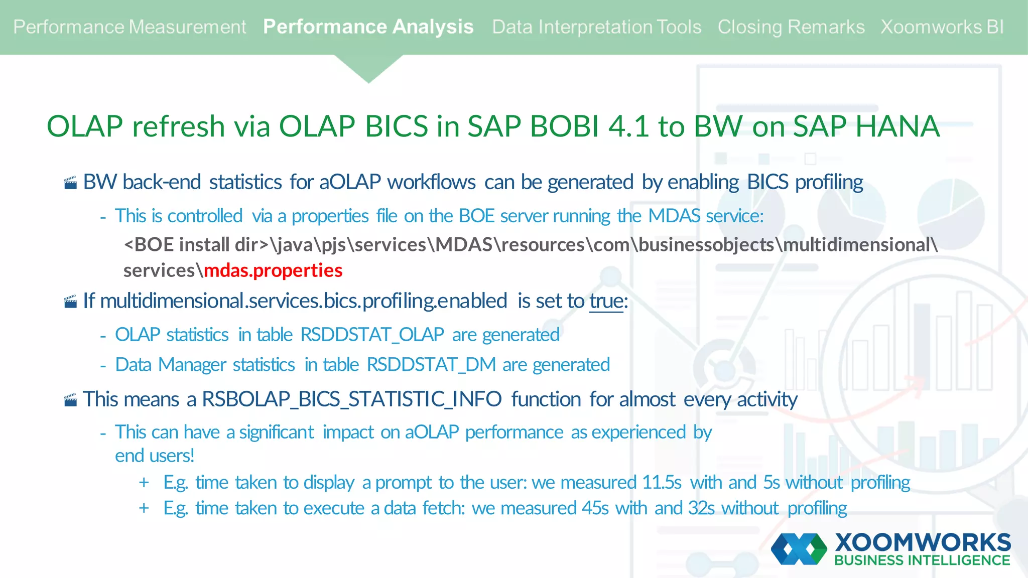 OLAP refresh via OLAP BICS in SAP BOBI 4.1 to BW on SAP HANA
· BW back-end statistics for aOLAP workflows can be generated by enabling BICS profiling
- This is controlled via a properties file on the BOE server running the MDAS service:
<BOE install dir>javapjsservicesMDASresourcescombusinessobjectsmultidimensional
servicesmdas.properties
· If multidimensional.services.bics.profiling.enabled is set to true:
- OLAP statistics in table RSDDSTAT_OLAP are generated
- Data Manager statistics in table RSDDSTAT_DM are generated
· This means a RSBOLAP_BICS_STATISTIC_INFO function for almost every activity
- This can have a significant impact on aOLAP performance as experienced by
end users!
+ E.g. time taken to display a prompt to the user: we measured 11.5s with and 5s without profiling
+ E.g. time taken to execute a data fetch: we measured 45s with and 32s without profiling
 