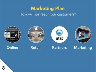 Online PartnersRetail Marketing
Marketing Plan
How will we reach our customers?
8
 