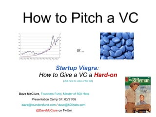 How to Pitch a VC Startup Viagra :  How to Give a VC a  Hard-on ( click here for video of this talk ) Dave McClure ,  Founders Fund ,  Master of 500 Hats Presentation Camp SF, 03/21/09 [email_address]  /  [email_address]   @DaveMcClure  on Twitter or… 