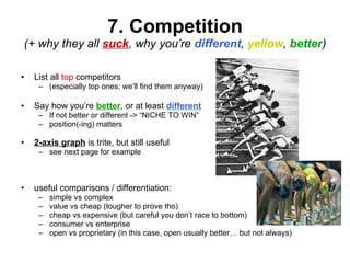 7. Competition (+ why they all  suck , why you’re  different ,  yellow ,  better ) List all  top  competitors  (especially top ones; we’ll find them anyway) Say how you’re  better , or at least  different If not better or different -> “NICHE TO WIN” position(-ing) matters 2-axis graph  is trite, but still useful see next page for example useful comparisons / differentiation: simple vs complex value vs cheap (tougher to prove tho) cheap vs expensive (but careful you don’t race to bottom) consumer vs enterprise open vs proprietary (in this case, open usually better… but not always) 