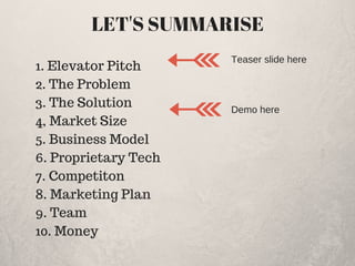1. Elevator Pitch
2. The Problem
3. The Solution
4, Market Size
5. Business Model
6. Proprietary Tech
7. Competiton
8. Mar...